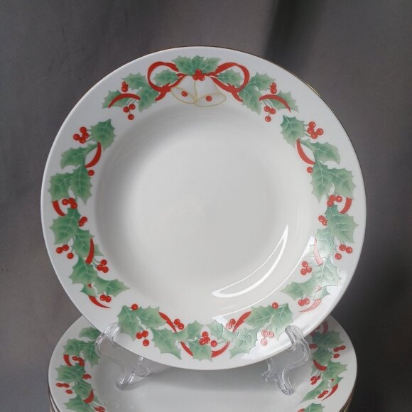 Sango NOEL 7 Rimmed 7 3/4" Soup Cereal Bowls Vintage Holly Bells Christmas 1990 - Picture 2 of 13